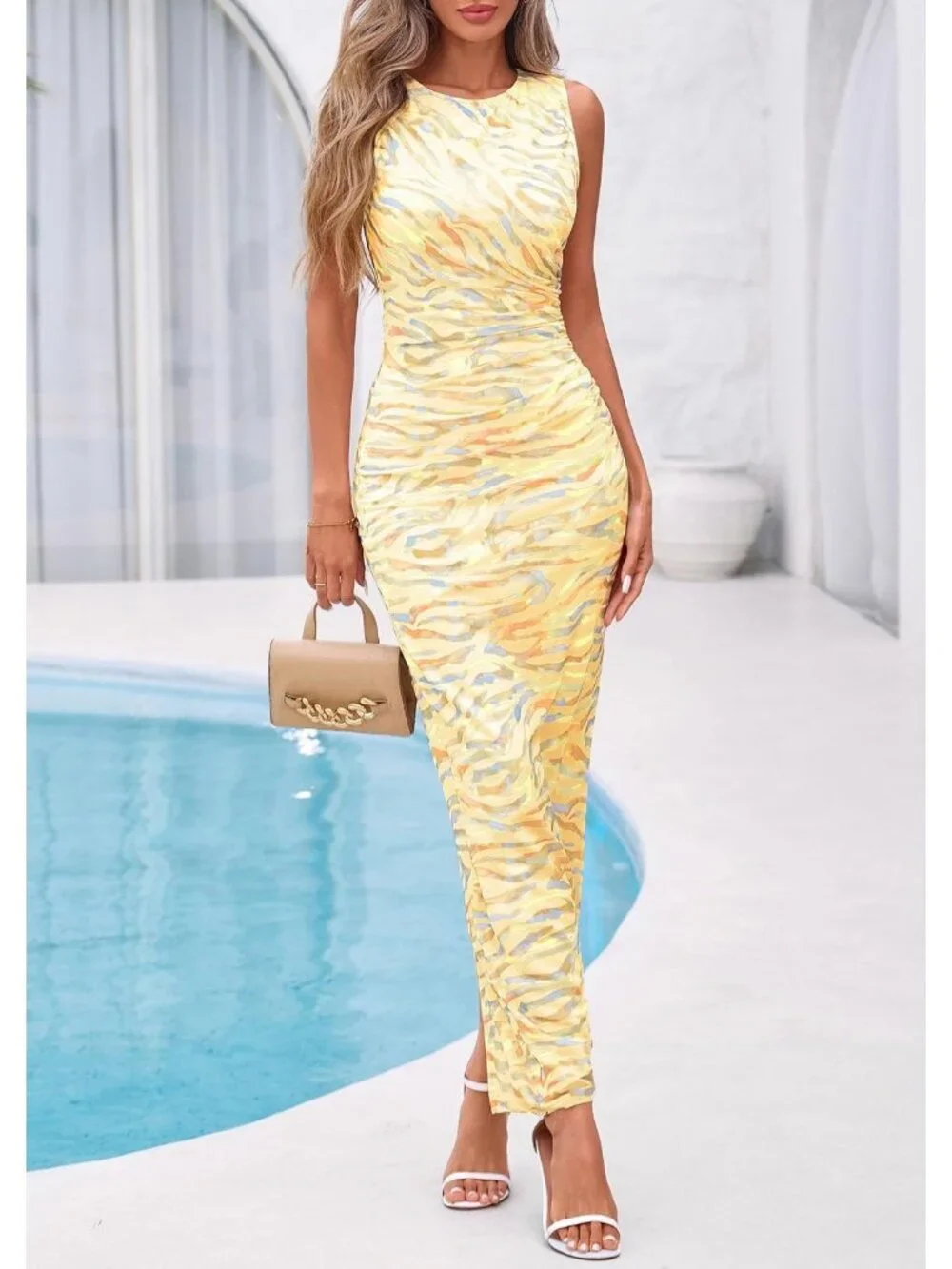 Women Floral Yellow  Polyester Elastane Mesh Sleeveless Bodycon Long Maxi Dress